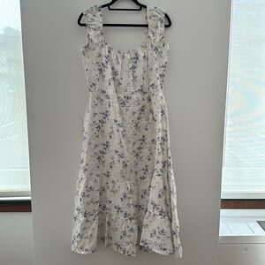 Reformation Toulouse Dress in White Linen with Blue Flowers, Size 16